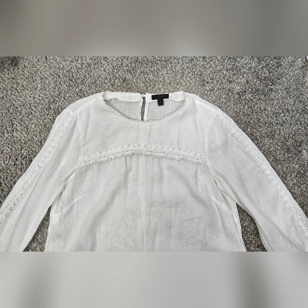 J. Crew White Linen Fringe French Knot Boxy Beachy Long Sleeve Top sz 10